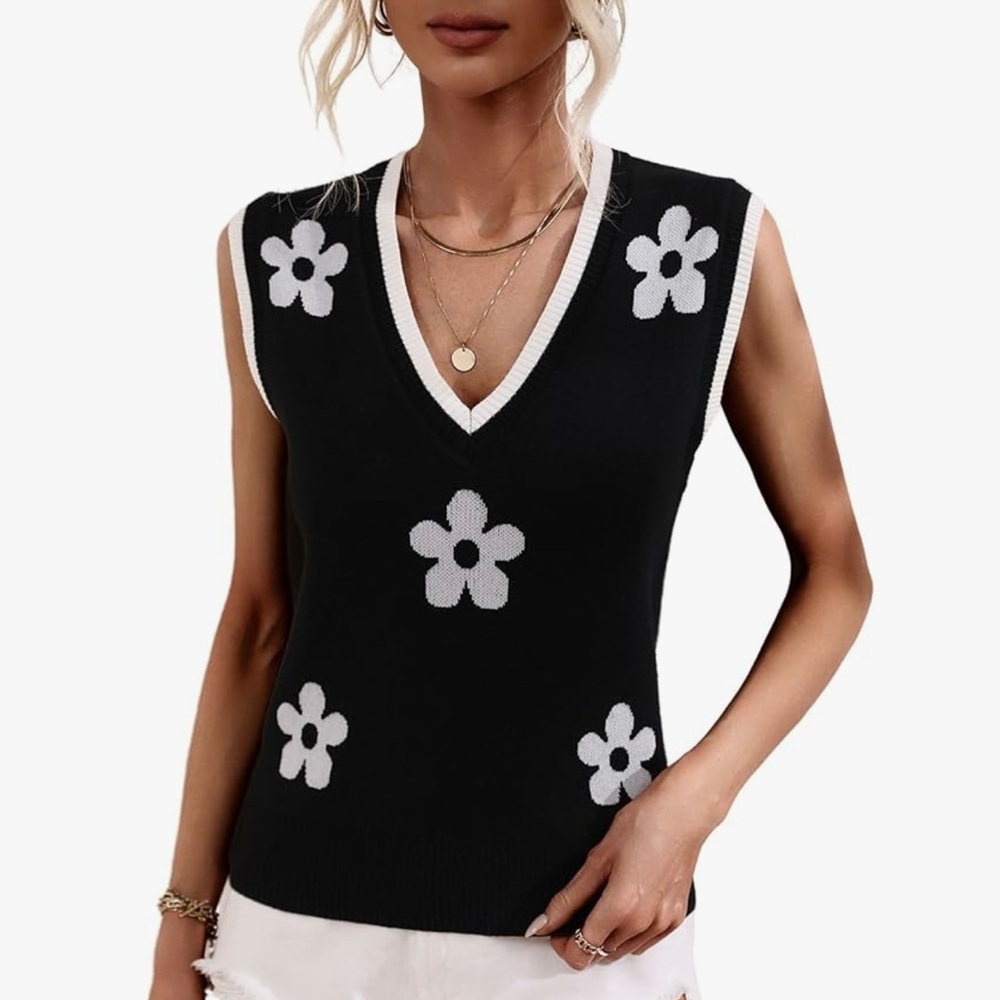 Black Floral Knit Sweater Vest